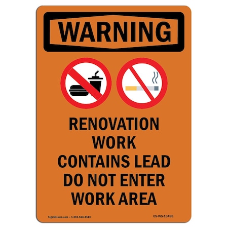 Signmission OSHA WARNING Sign, Renovation Work Contains W/ Symbol, 14in X 10in Aluminum, 10" W, 14" L, Portrait OS-WS-A-1014-V-13495
